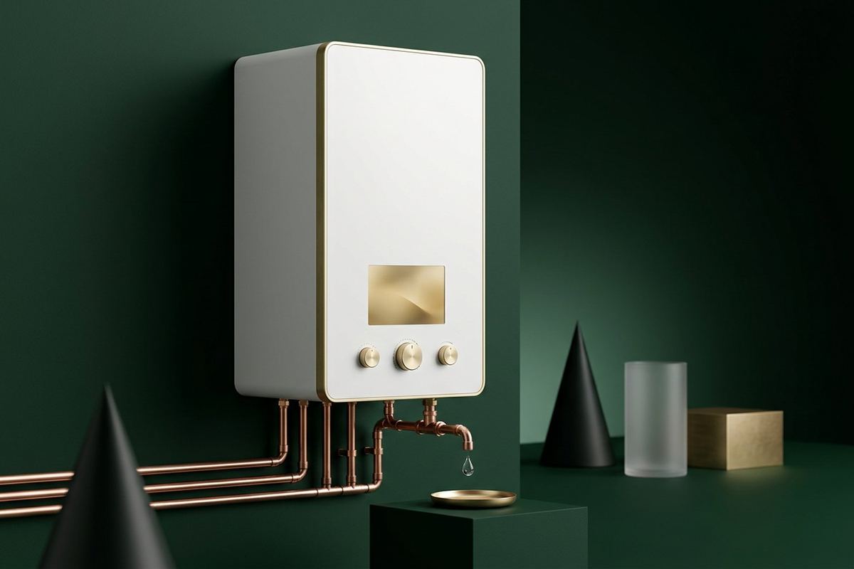 A modern white wall-mounted boiler with brushed gold trim and copper pipes, a single drip falling from one joint into a small gold dish, in a clean green studio