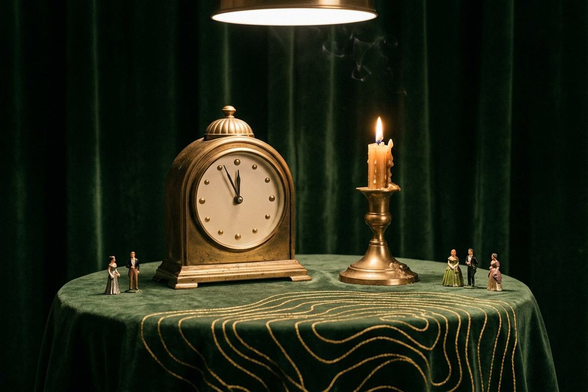 An antique brass mantel clock with a plain dotted face showing late at night, beside a lit candle and small period figurines on green velvet