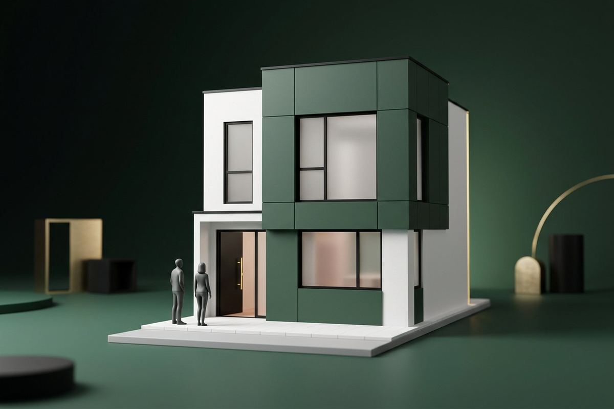 A modern architectural model of a contemporary townhouse in green and white, its front door open and two small figures arriving for a viewing