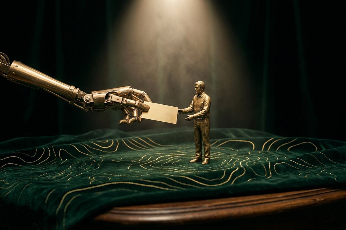 An articulated brass hand passing a blank card to a small brass figure of a person in a shirt and trousers, suggesting a call handed over to a human