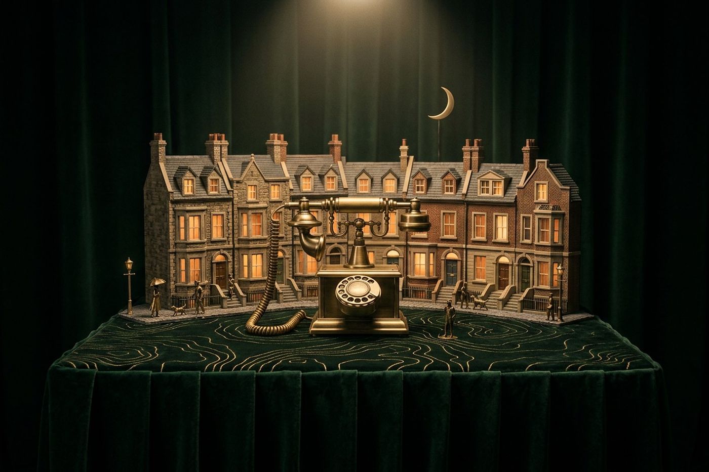 An antique brass telephone in front of a model row of British terraced townhouses with lit windows at night, a crescent moon above and tiny figures walking along the street