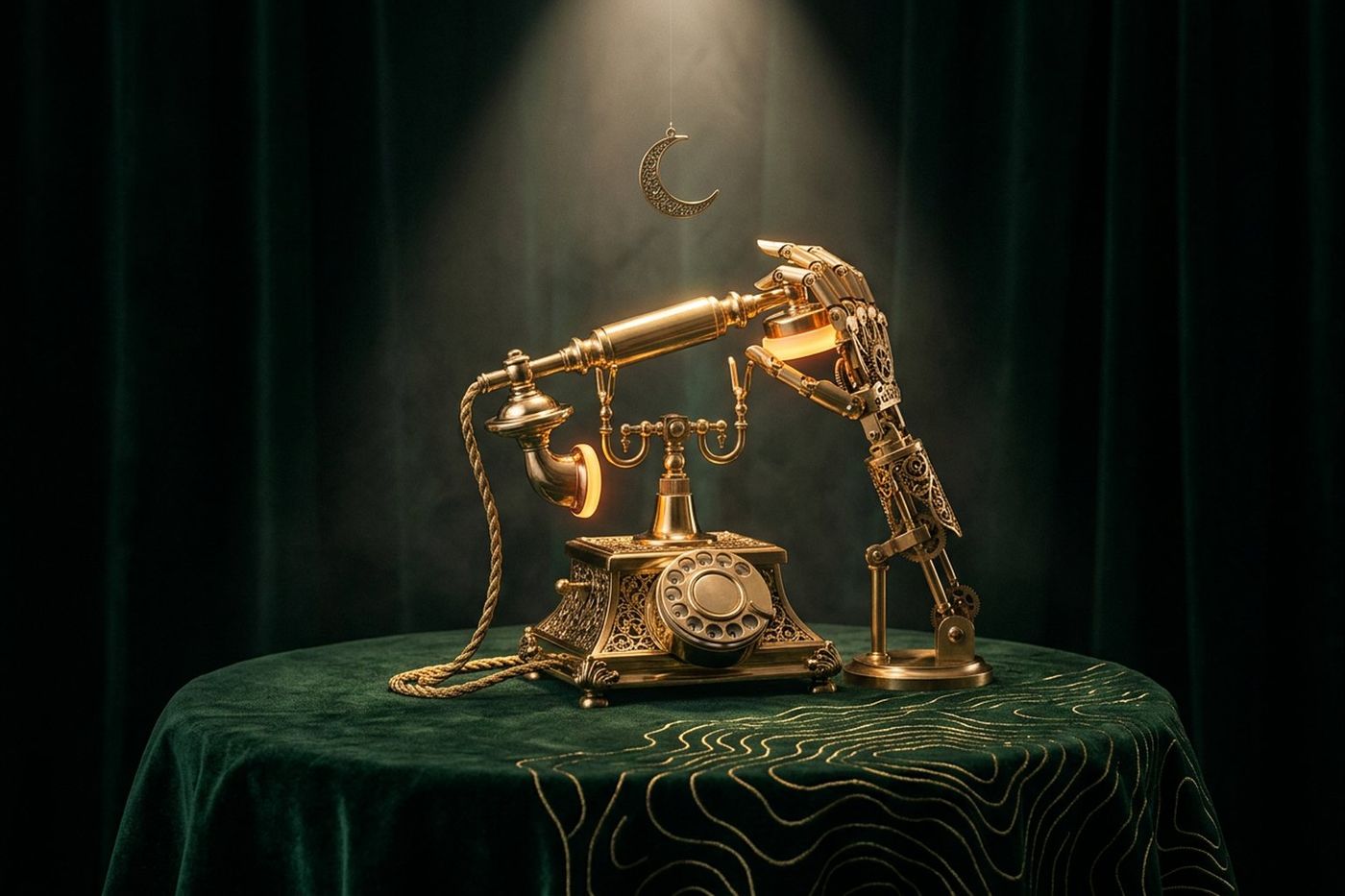 An ornate brass rotary telephone on green velvet, its receiver lifted by a slender articulated brass hand, with a small brass crescent moon hanging above to suggest a call answered at night