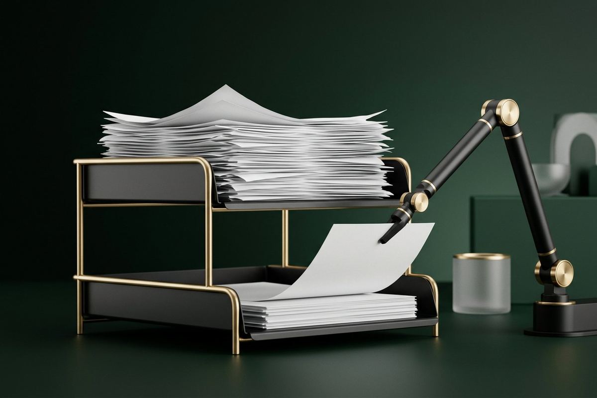 A modern two-tier desk organiser in matte black and brushed gold, the top tier overflowing with paper and a slim robotic arm placing one sheet into the neat lower tier