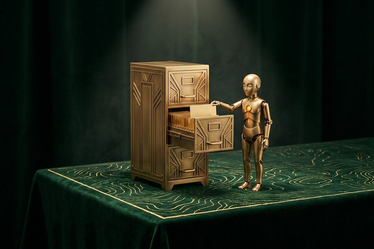 A small art-deco brass automaton with closed eyes reaching into the open drawer of a geometric brass filing cabinet full of index cards