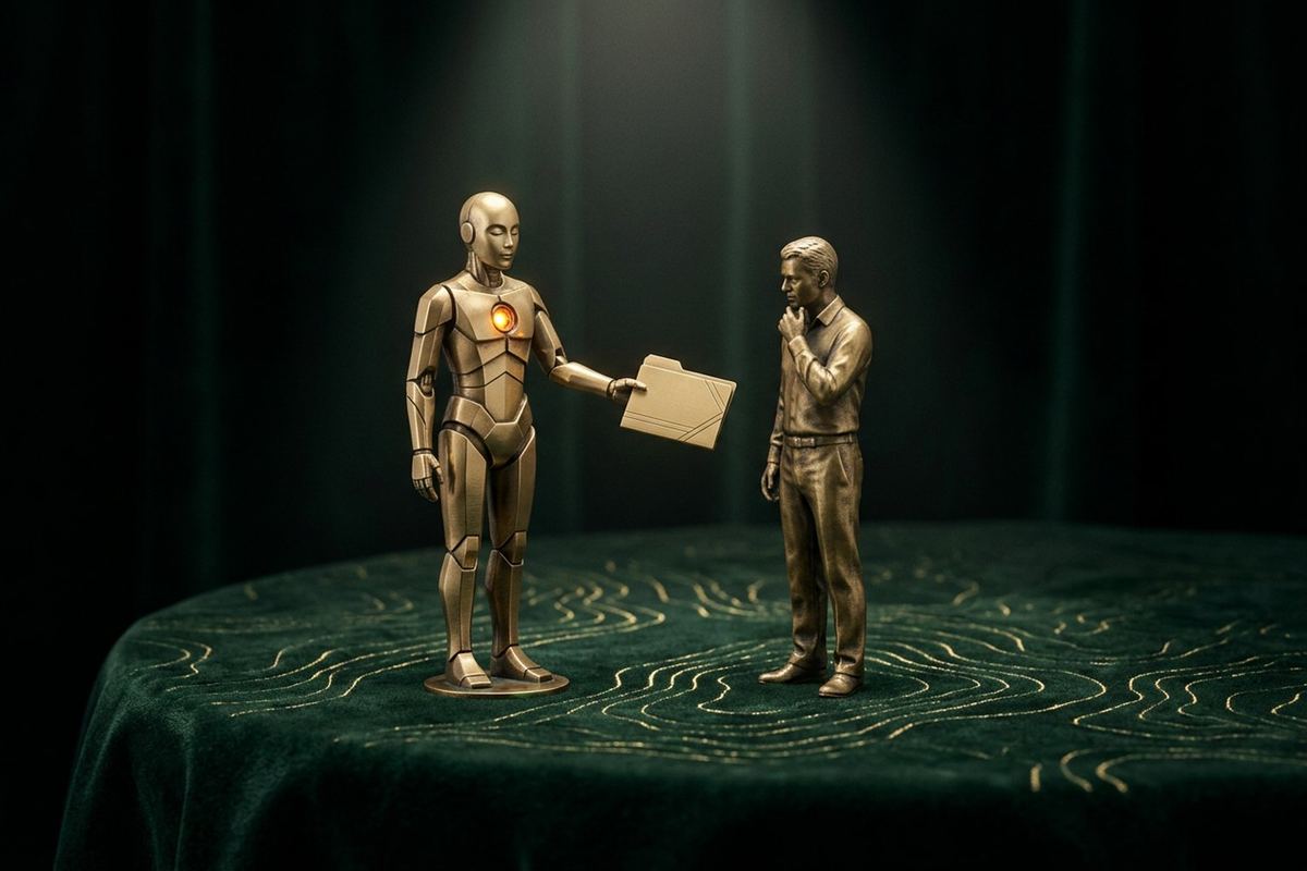A calm brass automaton handing a folder to a thoughtful brass figure of an office worker, suggesting work passed to a person for judgement