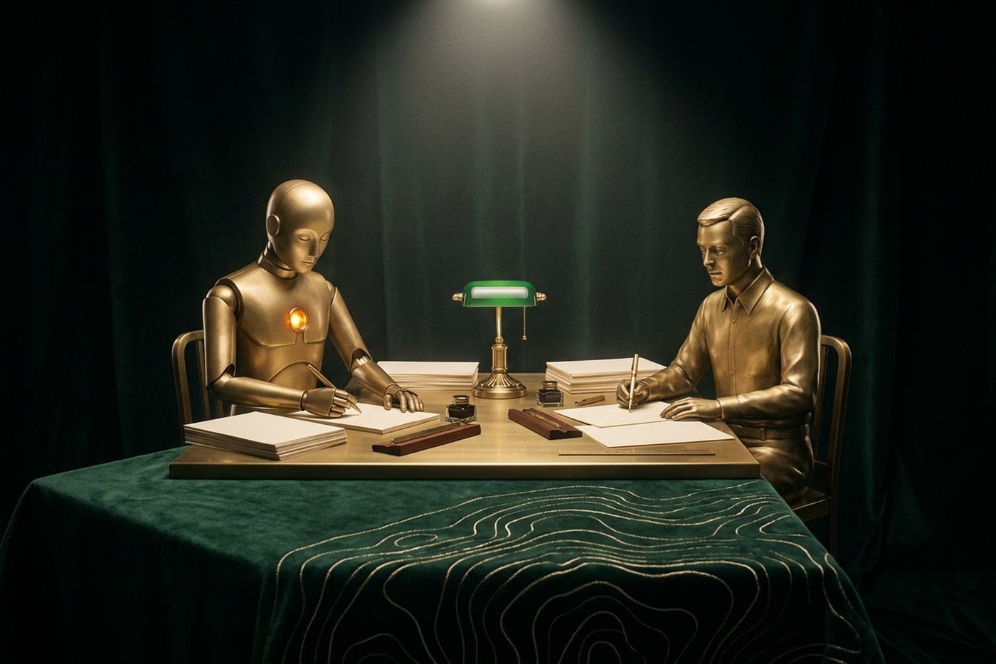 A calm mannequin-like brass automaton and a brass figure of an office worker sitting at the same desk under a green banker's lamp, both working through neat piles of paper