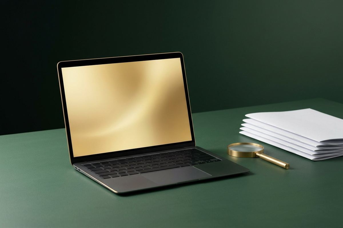An unbranded modern laptop on a green desk, its screen a soft gold gradient, beside a brushed gold magnifying glass and a neat stack of white folders