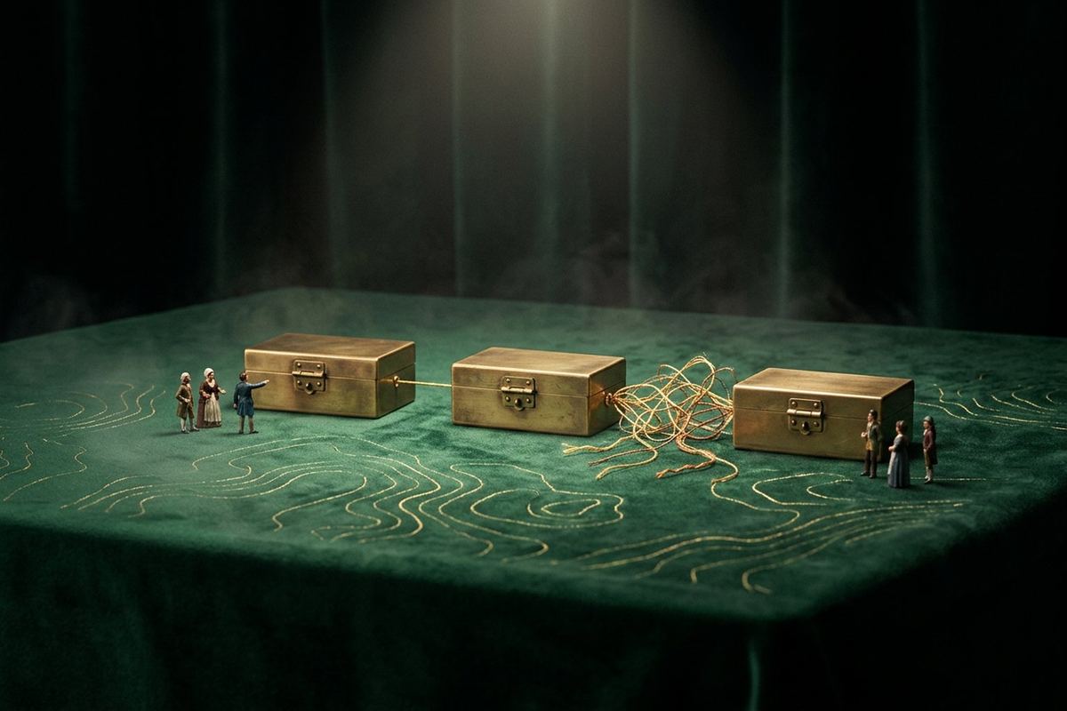 Three brass boxes on green velvet, the first two joined by a single neat gold thread and the third by a loose tangle, with small figures standing beside them