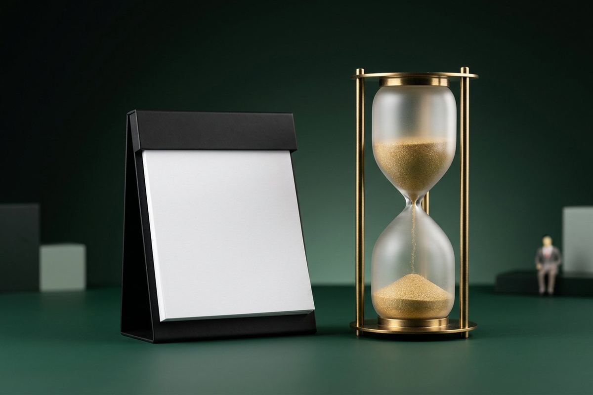 A minimalist black desk calendar with blank pages beside a modern frosted-glass and brass hourglass, in a clean green studio