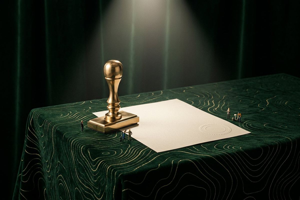 A brass hand stamp resting beside a blank sheet bearing a plain embossed seal, with tiny figures on the green velvet around it