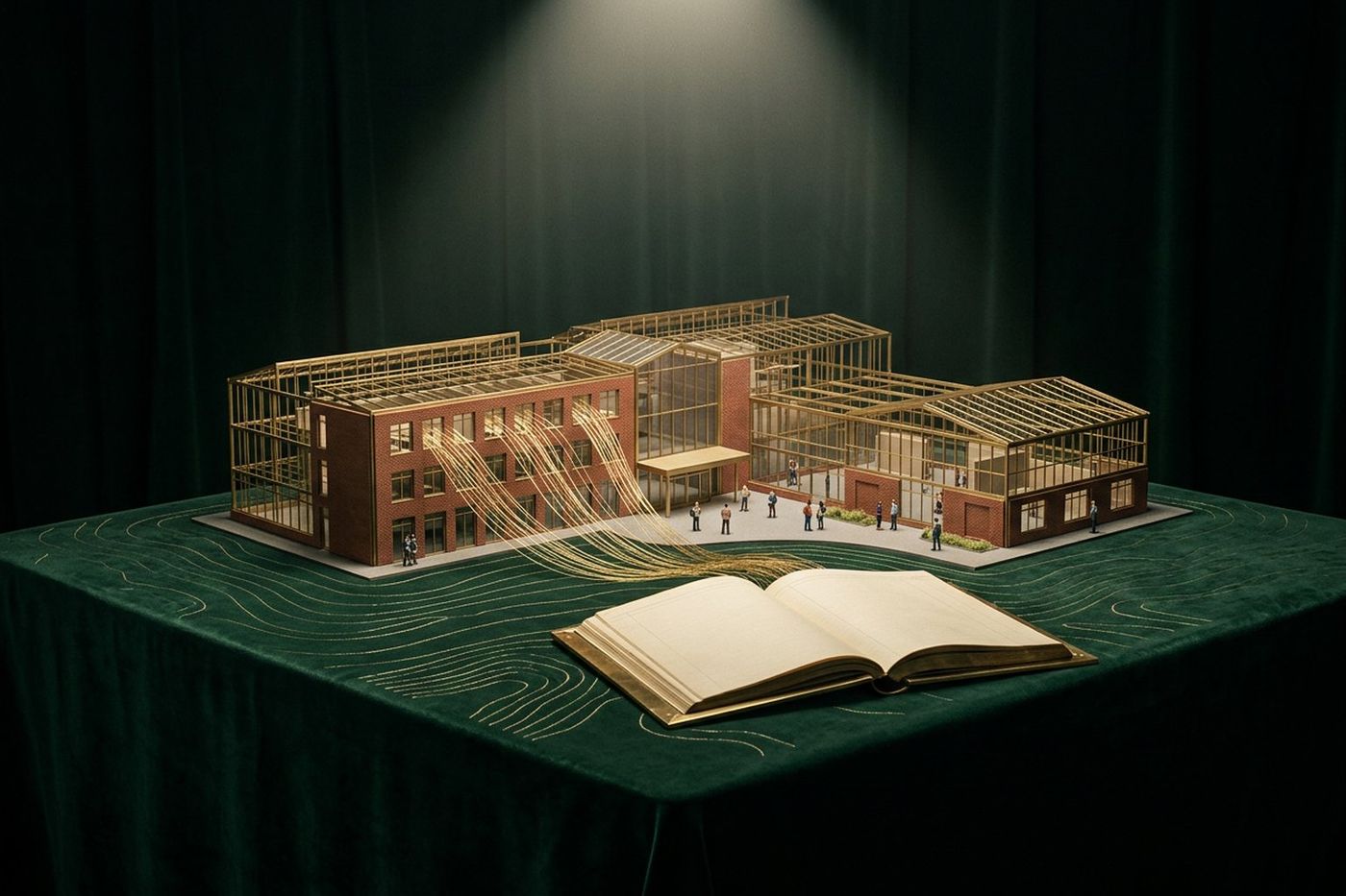 A brass and red-brick model of a modern British college building with glowing gold threads flowing from its windows into an open ledger with blank pages