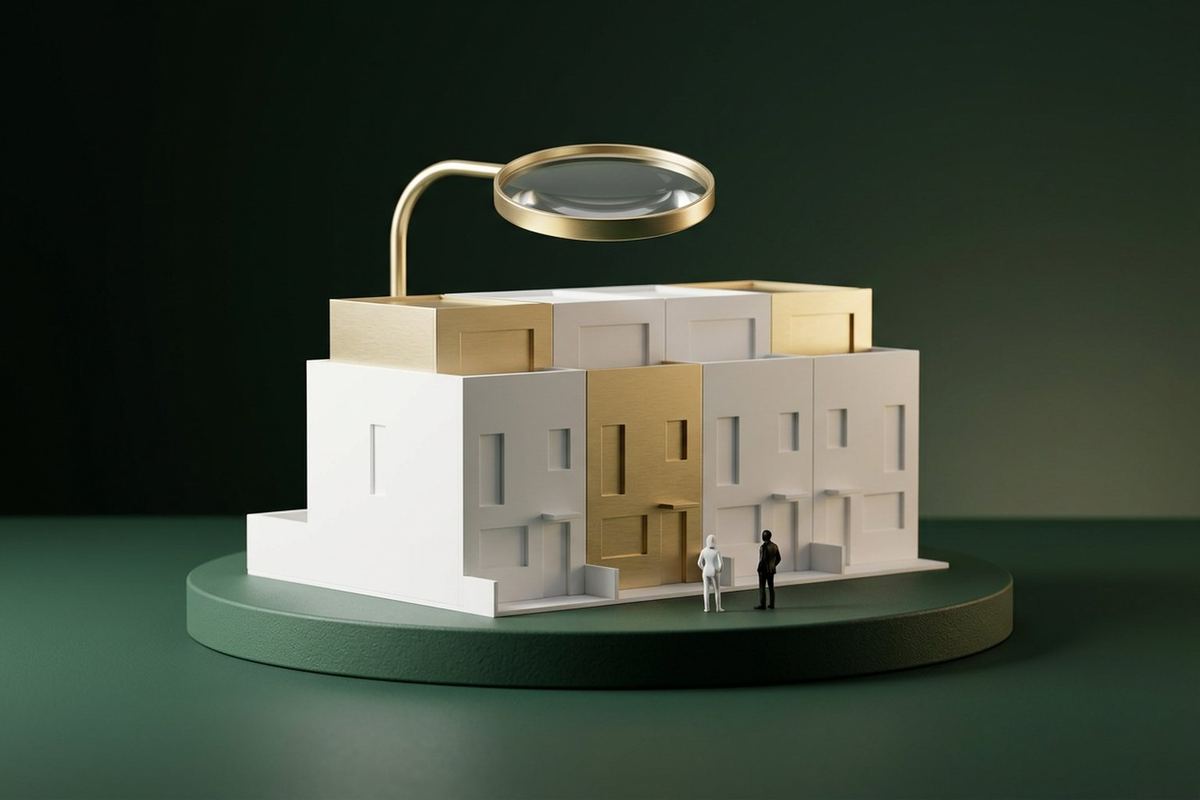 A modern white and brushed-gold architectural model of a British terrace on a green plinth, a gold magnifying lens above it and two small figures at a front door