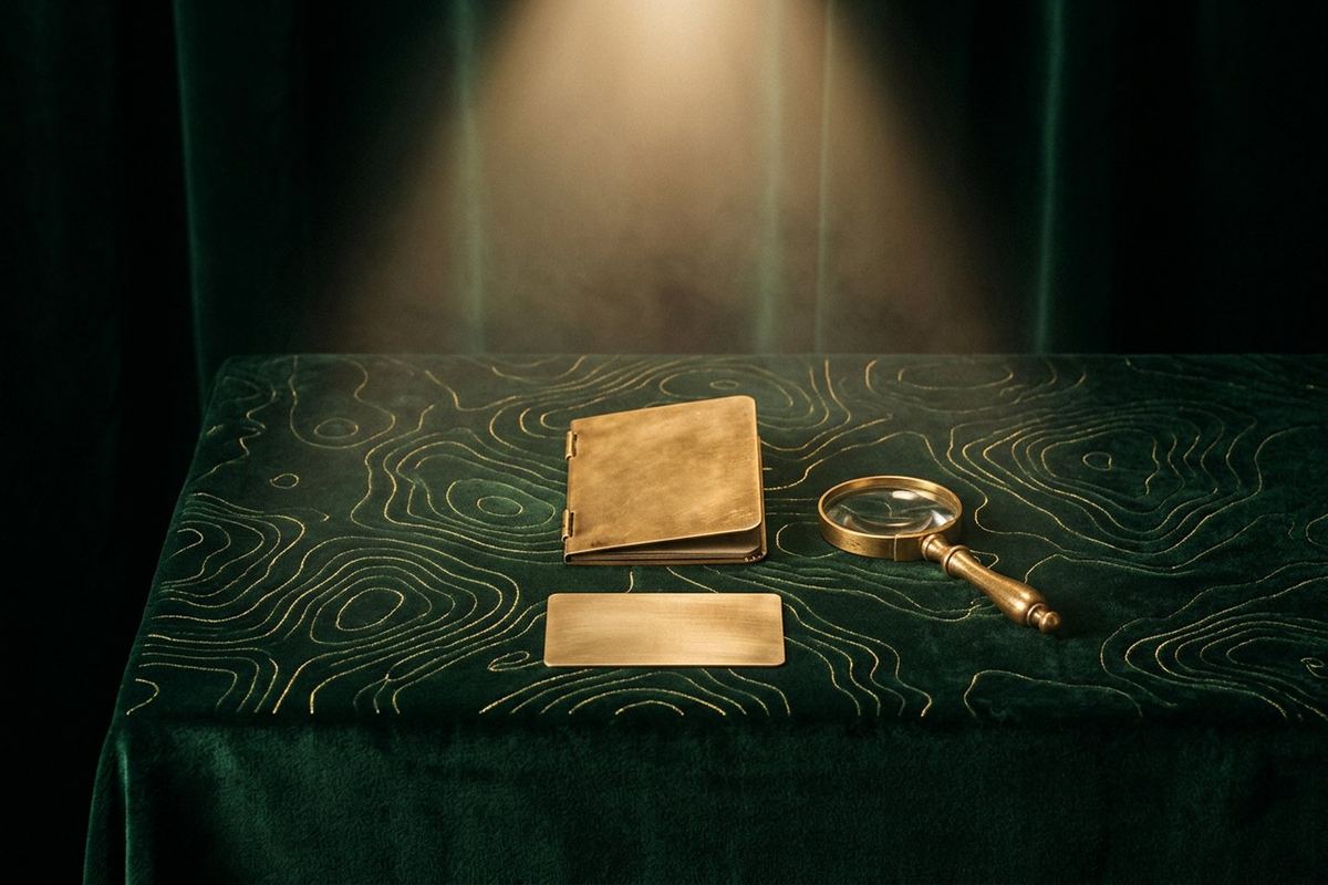 A closed brass booklet with a blank cover, a blank brass card and a brass magnifying glass laid neatly on green velvet, suggesting routine identity checks