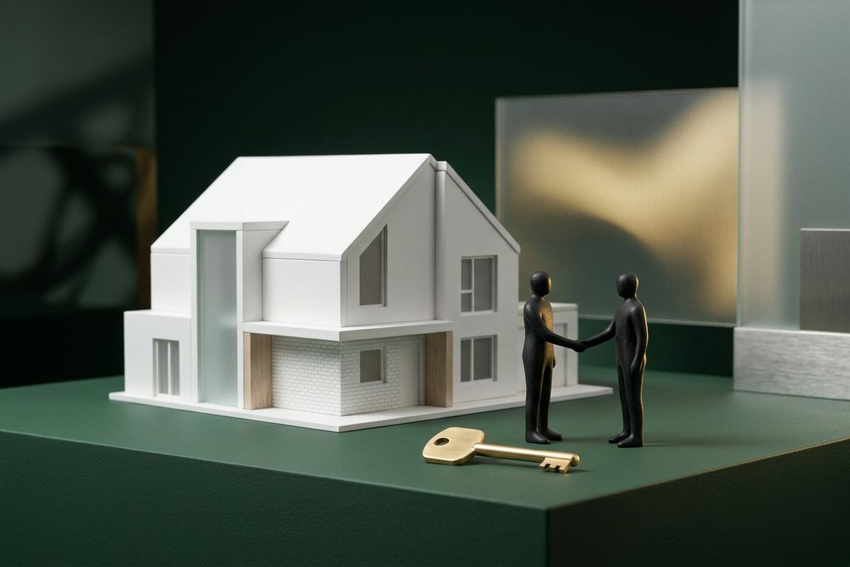 Two faceless matte black figurines shaking hands beside a white modern model of a British house, with a brass key lying on the green surface between them