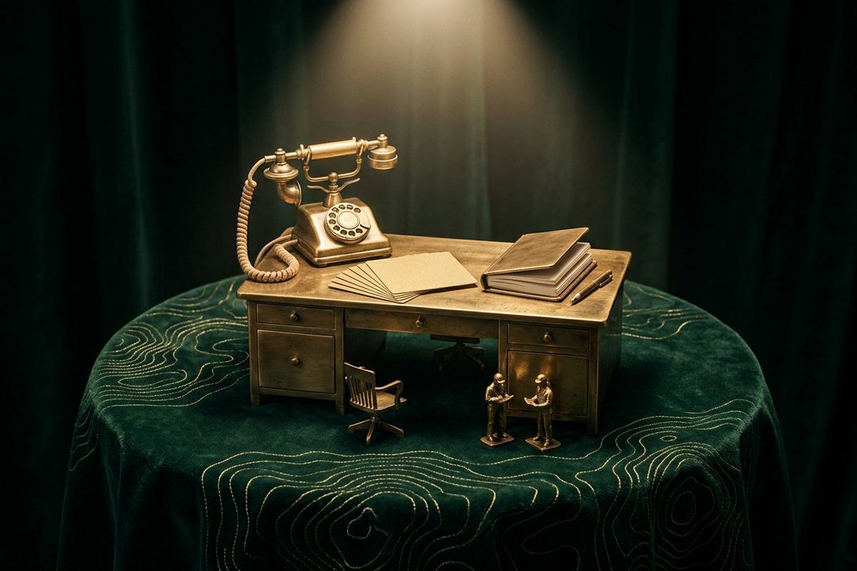 A small brass desk with an antique telephone, a fan of blank note cards and a closed diary, with tiny figures standing beside it on green velvet