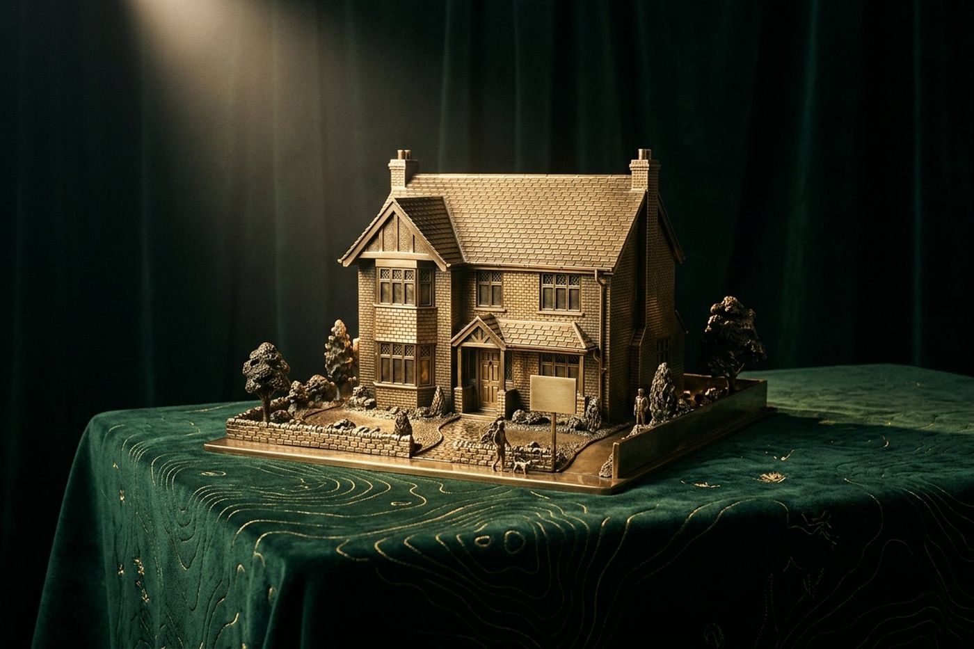 A brass model of a British detached house with a blank estate agent's board in the front garden and a small figure walking a dog past, on green velvet