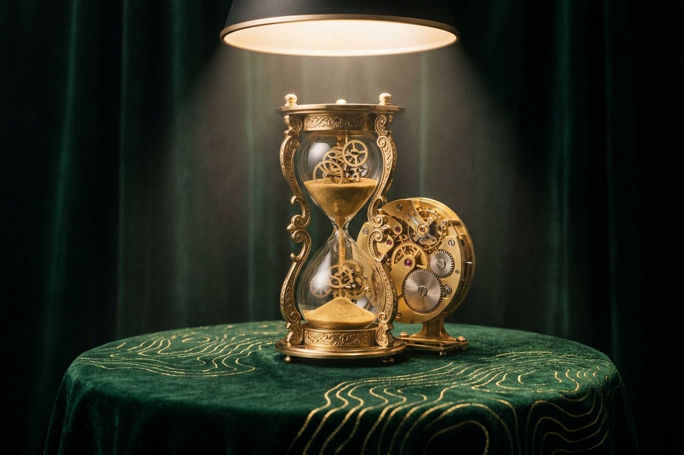 An ornate brass hourglass with tiny gears suspended in its golden sand, beside an exposed brass clockwork movement, under a single lamp on green velvet