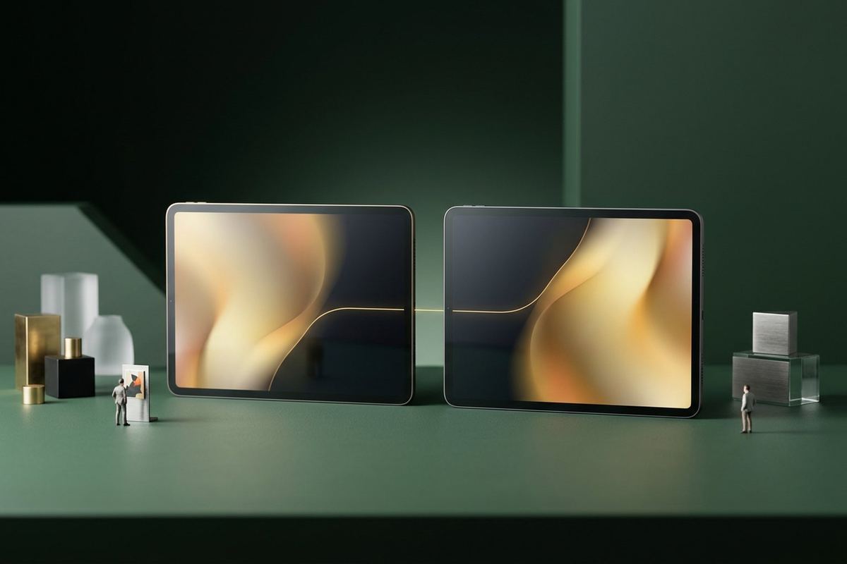 Two identical unbranded modern tablets side by side, their screens showing the same gold abstract shapes joined by a fine gold line, with tiny figures nearby