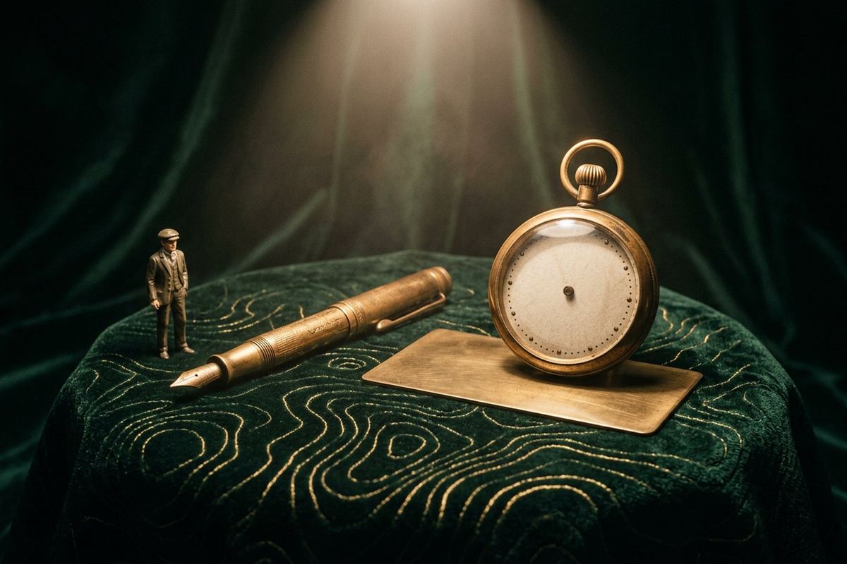 A brass pocket watch resting on a blank brass plate beside a fountain pen, with a small figure in a flat cap standing nearby on green velvet