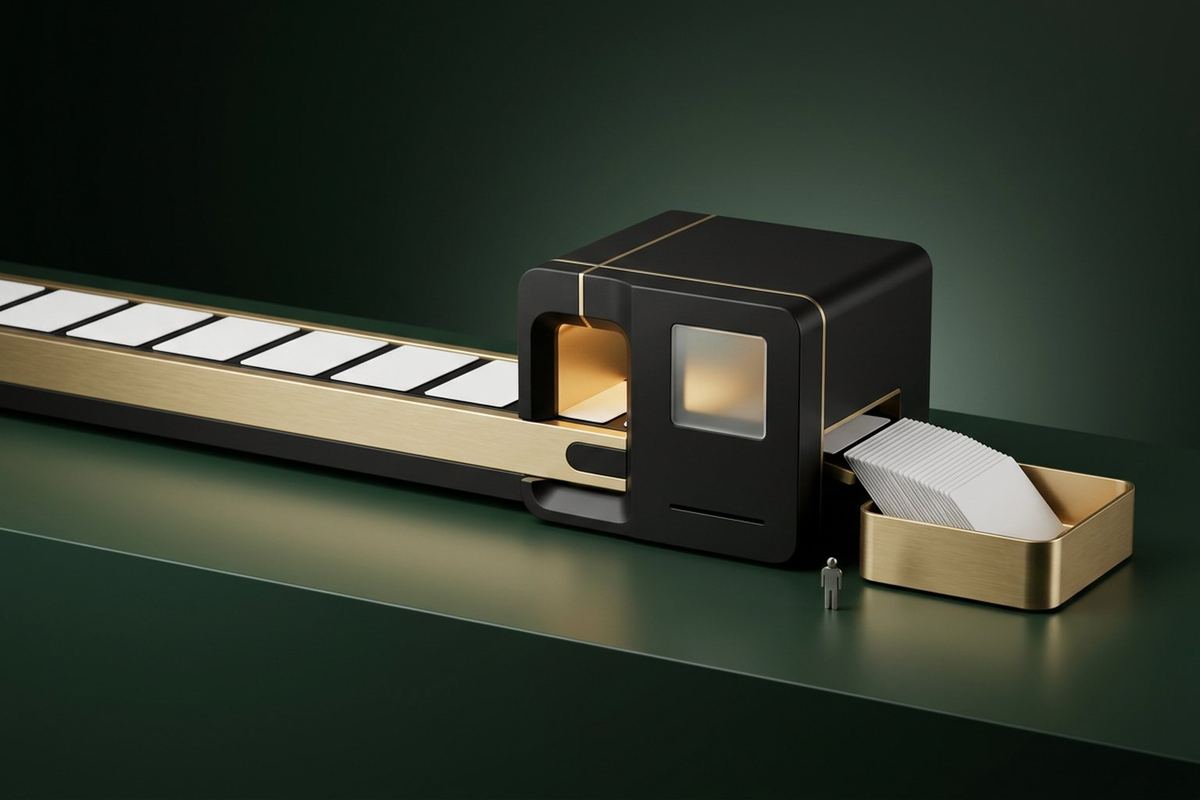 A modern brushed-gold conveyor carrying white cards into a compact matte black machine that sorts them neatly into a gold tray