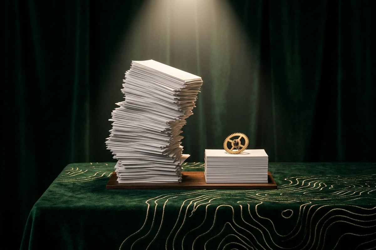 A tall, leaning stack of paper beside a short neat stack topped with a small brass gear, suggesting the same work done with far less effort