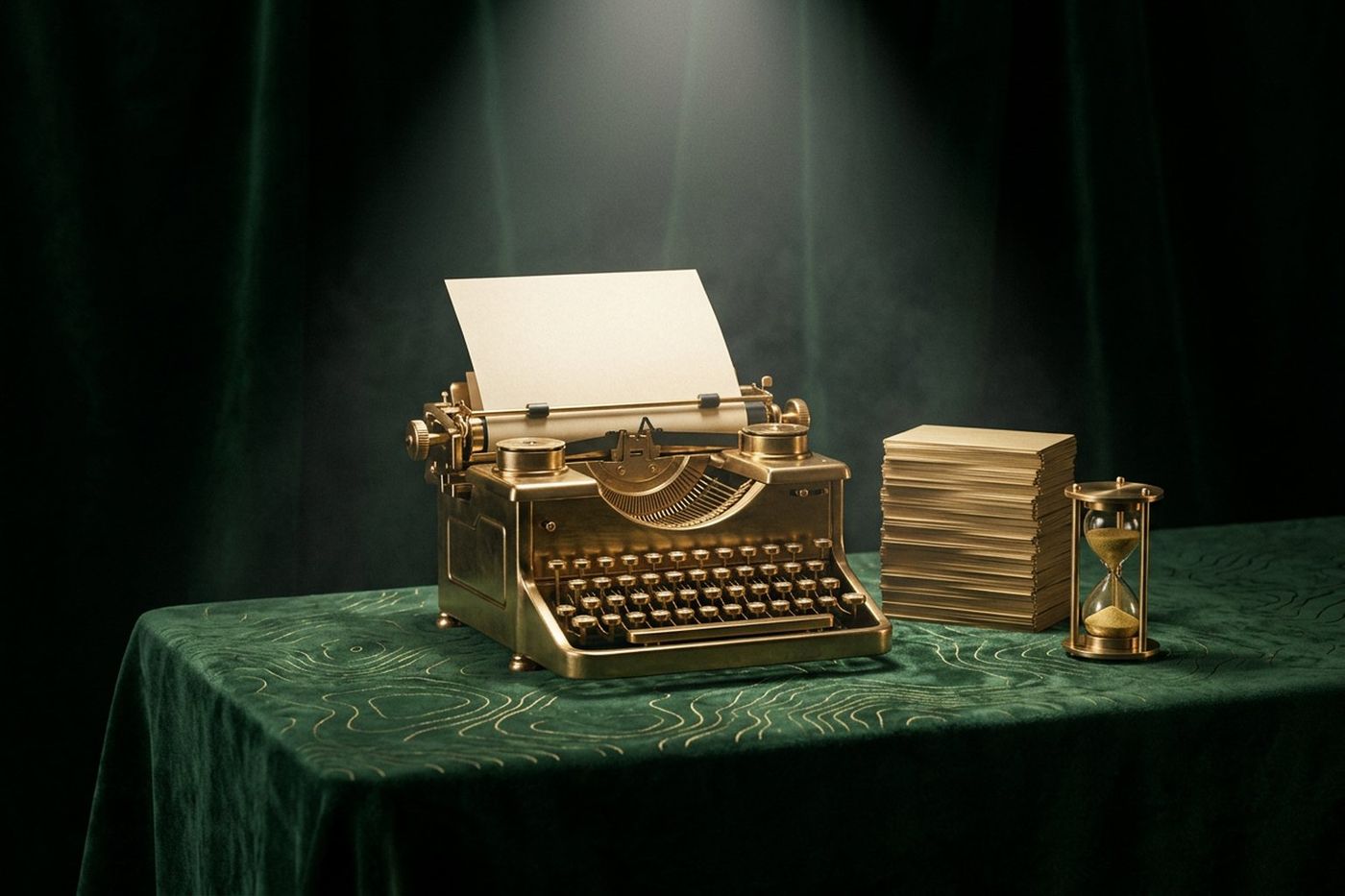 An antique brass typewriter with a blank sheet loaded, beside a stack of blank cards and a small brass hourglass, under a spotlight on green velvet