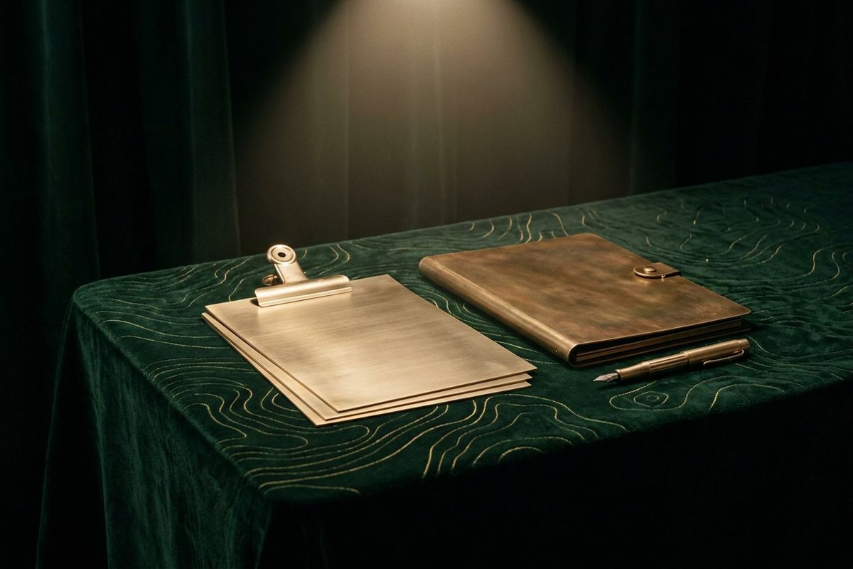 A clipped stack of blank brass documents beside a closed brass folder and a fountain pen, suggesting a customer handover pack being assembled