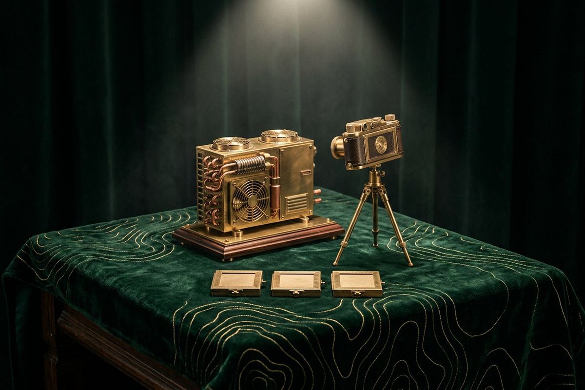 A small brass heat pump unit beside a vintage brass camera on a tripod, with three blank photo frames laid out in front, suggesting installation evidence being photographed