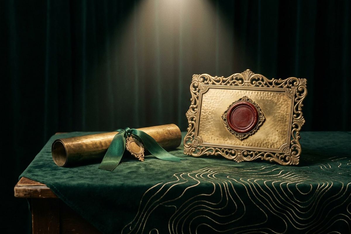 A rolled brass scroll tied with a green ribbon beside an ornate brass plaque bearing a plain red wax seal, suggesting a completed and registered installation