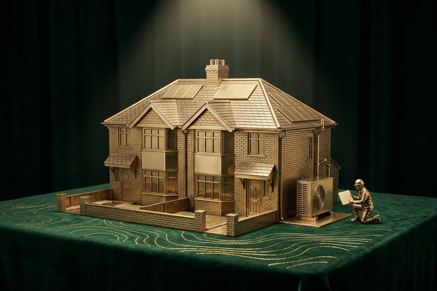 A brass model of a British semi-detached house with solar panels on the roof and a heat pump beside it, a small brass engineer kneeling at the unit with a blank tablet, on green velvet