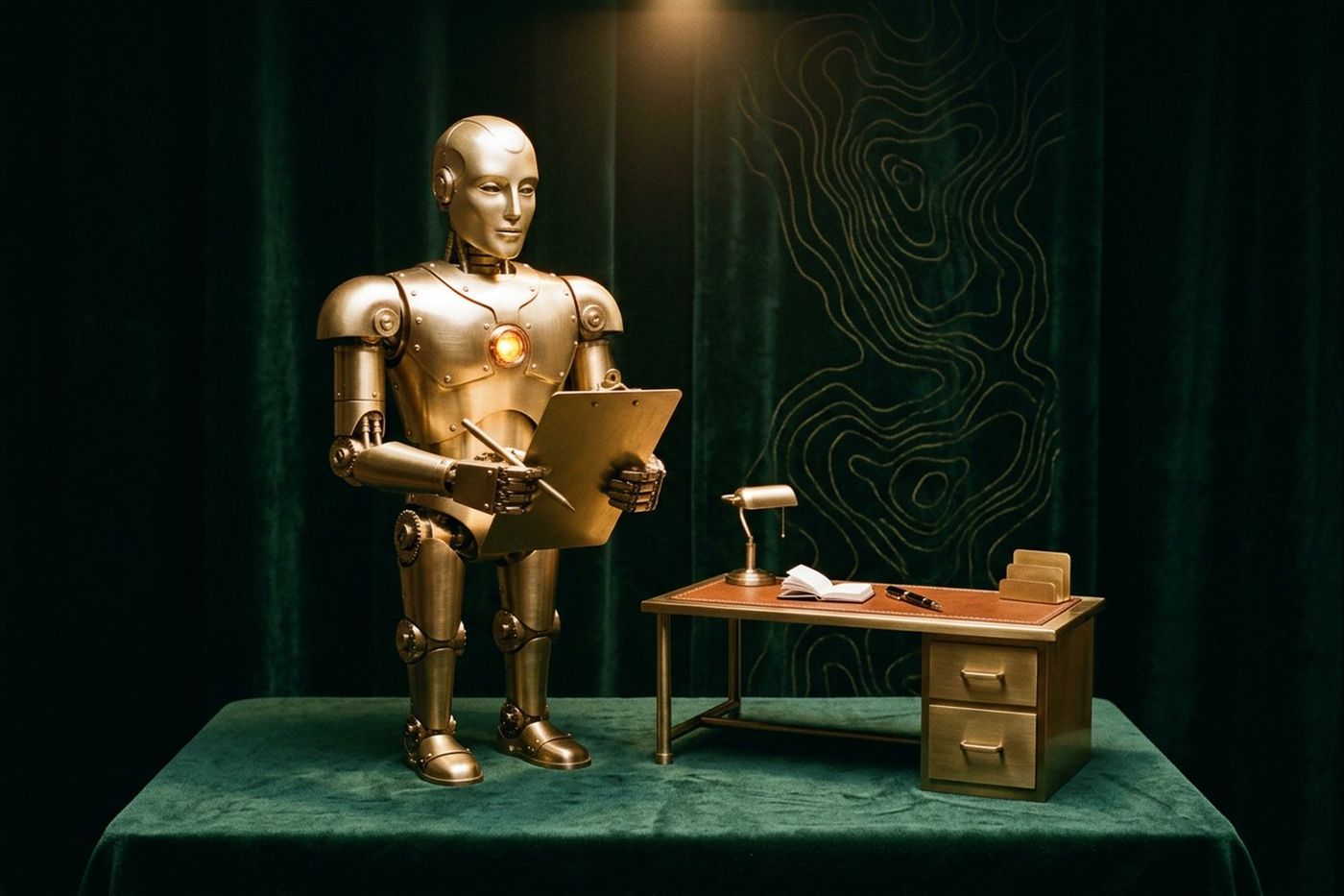 A calm art-deco brass automaton with a glowing amber light in its chest, holding a clipboard beside a small brass desk with a lamp and filing drawers, on green velvet